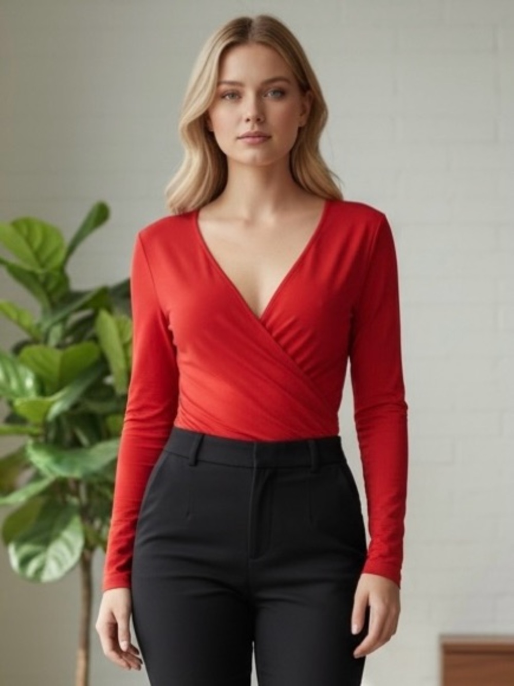Bobi Los Angeles Red Wrap V-Neck Wrap Long Sleeve Bodysuit Size M NWT